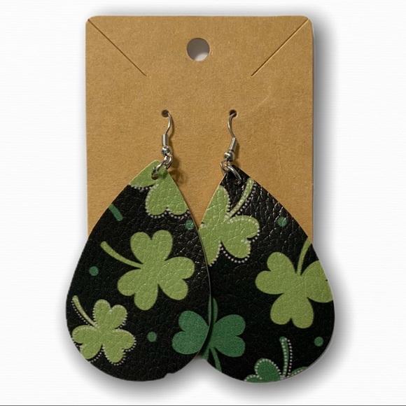 Hunter Green Irish Lucky Clover Dangle Earrings - Picture 4 of 5